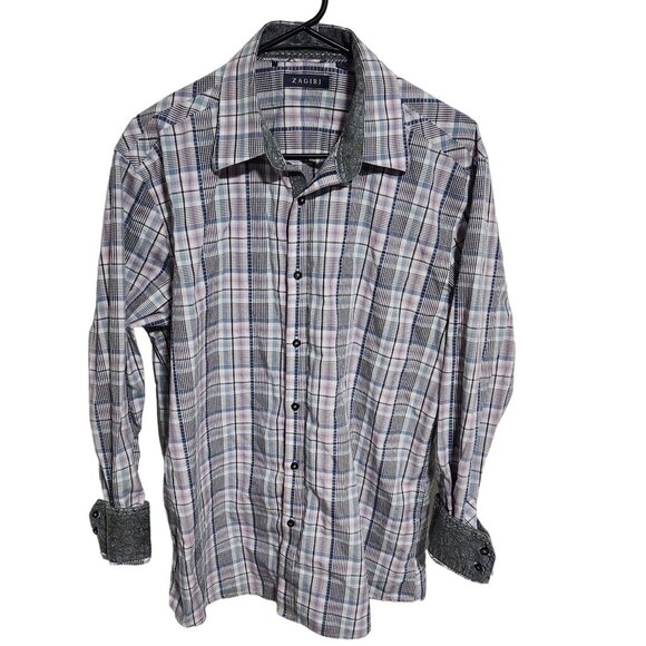 Zagiri Button Front Shirt Mens Size Large Flip Cuffs Plaid Long Sleeve - Picture 1 of 4